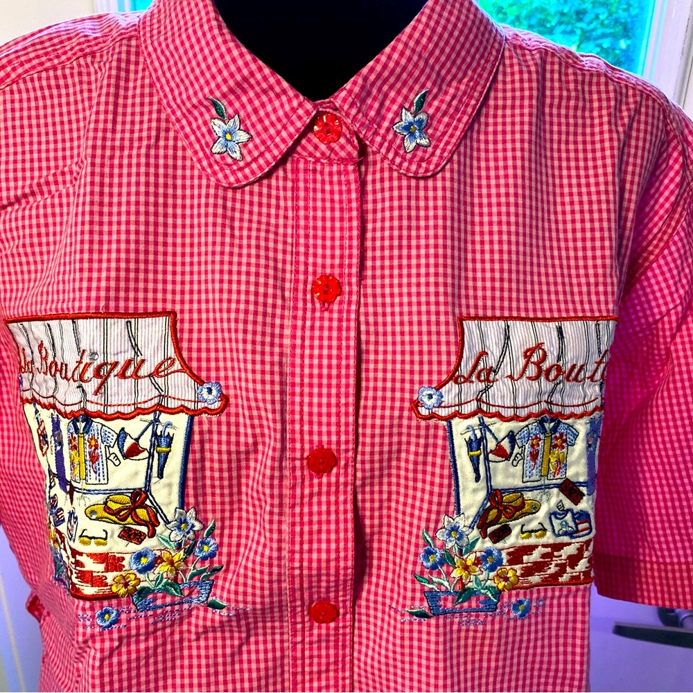 BOBBIE BROOKS Patchwork Gingham Crochet Pockets Pink Button Shirt 22W, Preowned